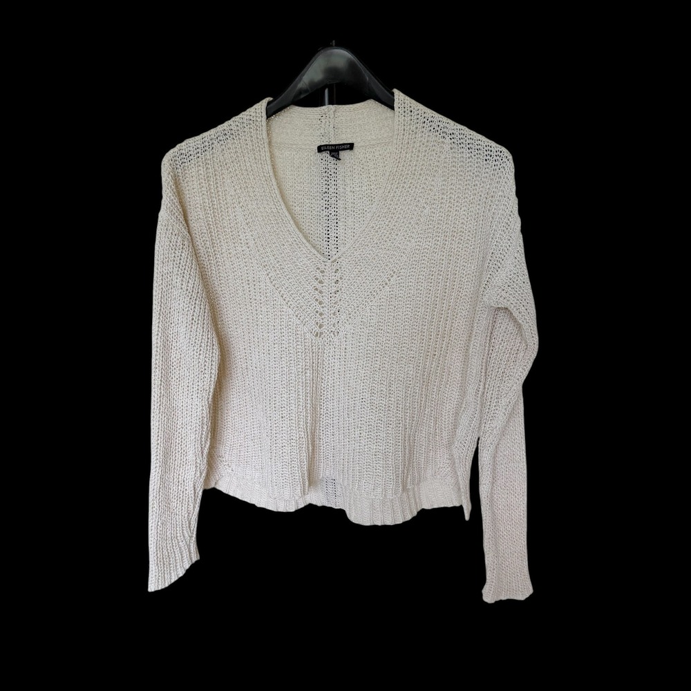 Eileen Fisher Organic Cotton Linen Blend‎ V-Neck Ribbed Sweater Cream M